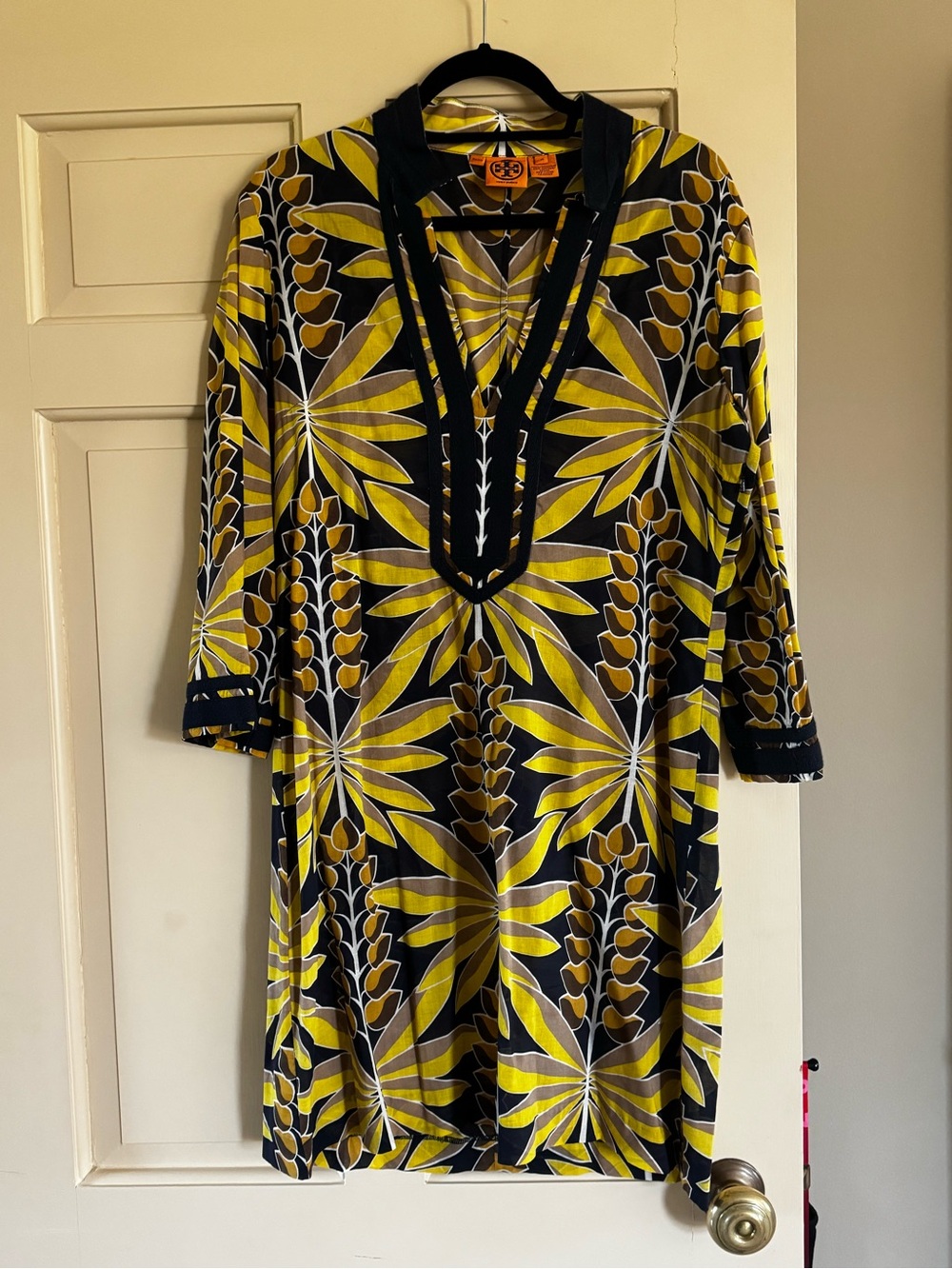 Tory Burch Yellow, Black & White Floral Geometric Tunic
